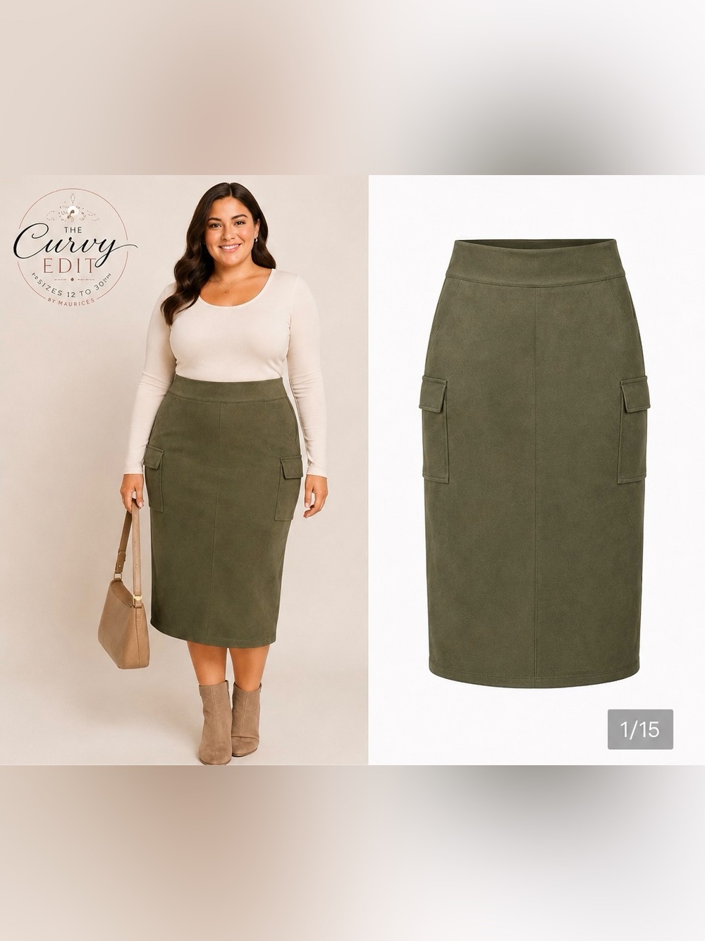 Wearever Olive Green Faux Suede Cargo Midi Skirt Size Large Stretch Pencil Skirt